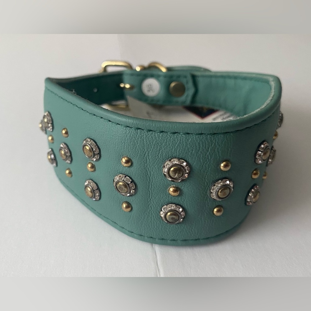 Dog collarTeal Genuine Leather Rhinestone and stud accents handmade in Germany